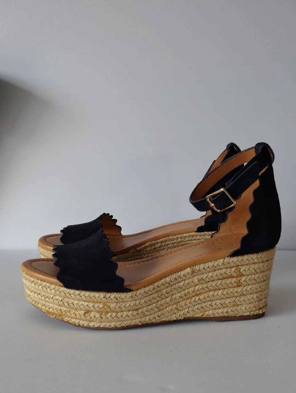 J. Crew Navy Scalloped Suede Wedge Espadrille Sandals